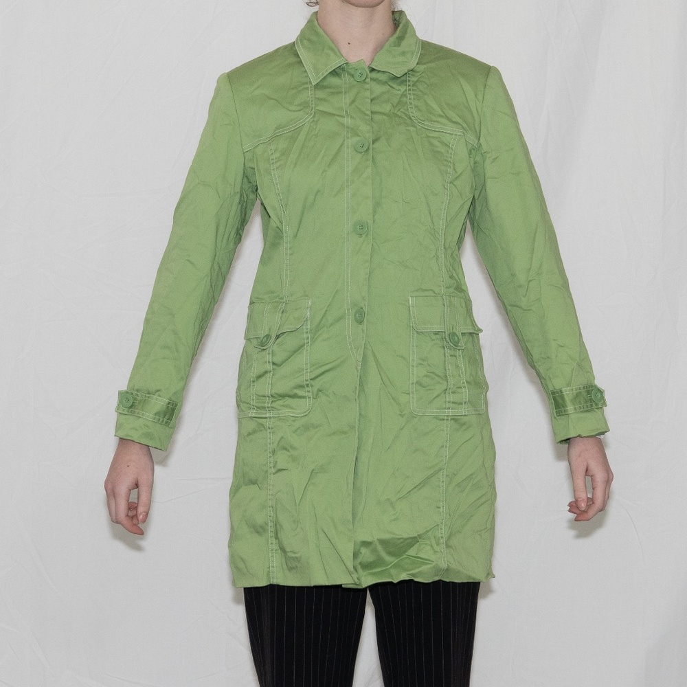 Y2k green button up peacoat size small susan graver cotton poly spandex